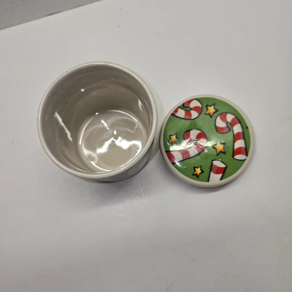 Merry Brite Candy Cane Hand‎ Painted Lidded Canister Small Seasonal Adorable